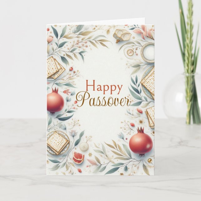 Happy Passover Card Floral Pomegranates Matzah Kort (Framsida)
