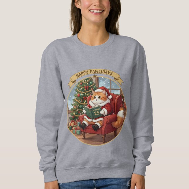 Happy Pawlidays Santa Cat Christmas Sweatshirt T Shirt (Framsida)