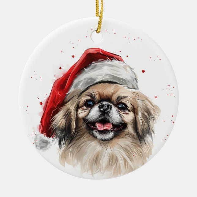 Happy Pekingese Dog Christmas Personalized Julgransprydnad Keramik (Framsidan)