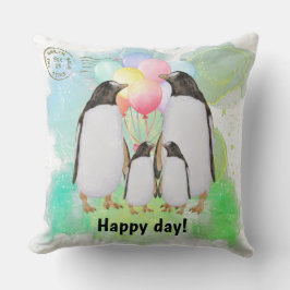 Happy penguin family with colorful balloons kudde