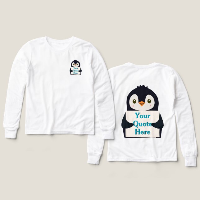 Happy penguin holding a sign to personalize t shirt (Design framsida och baksida)