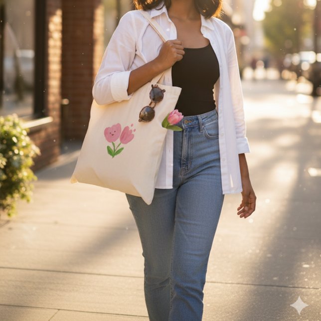 Happy Pink Tulip Heart Face Cute Flower Tote Bag Tygkasse (Skapare uppladdad)