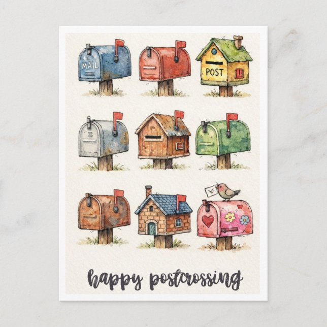 Happy Postcrossing Watercolor Mailbox Illustration Vykort (Framsida)