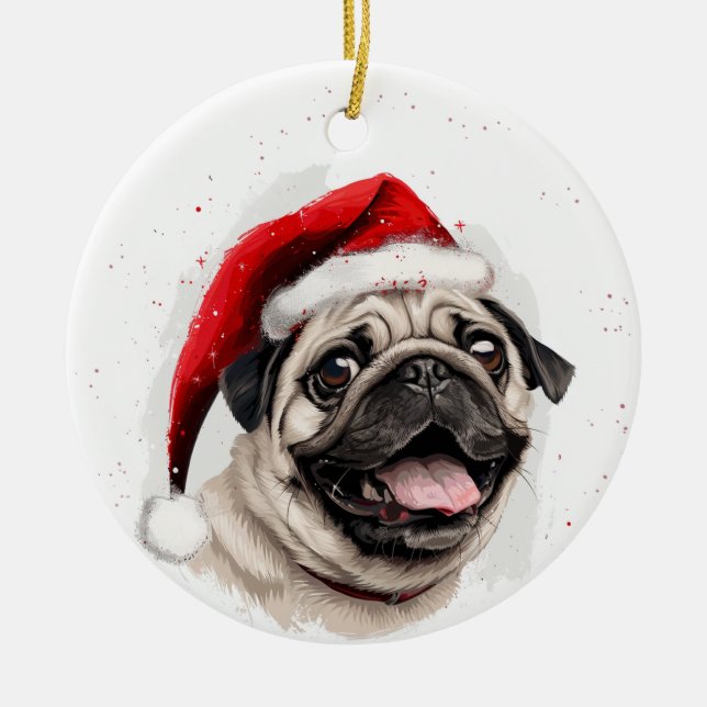 Happy Pug Dog Christmas Personalized Julgransprydnad Keramik (Framsidan)