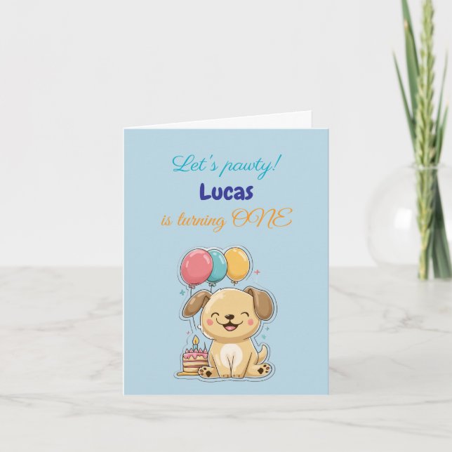 Happy Puppy, Boy, Let's Pawty, 1st Birthday, Card, Inbjudan (Framsida)