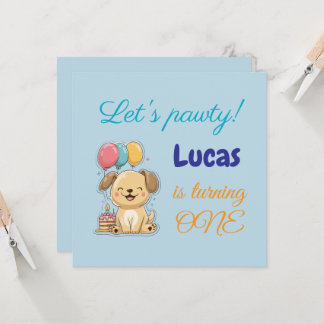 Happy Puppy, Boy, Let's Pawty, 1st Birthday Card Inbjudningar