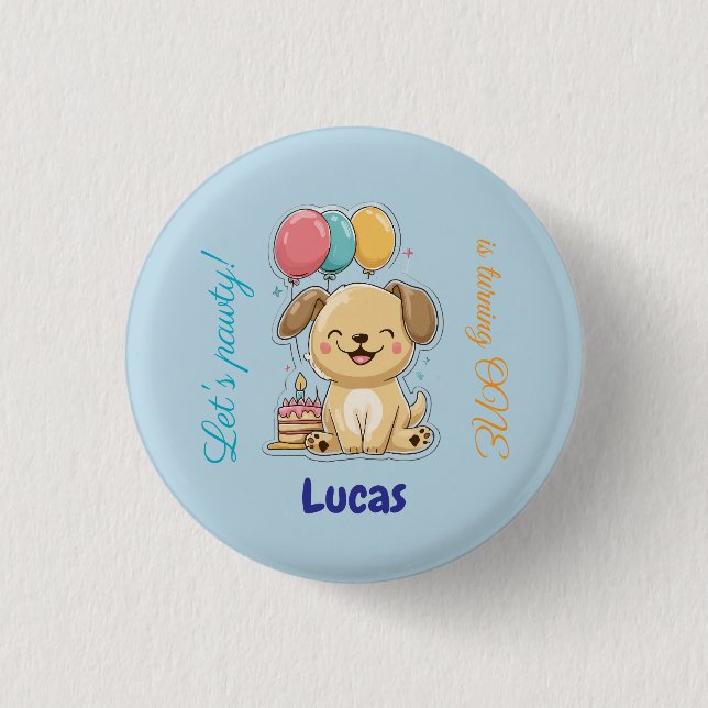 Happy Puppy, Boy, Let's Pawty, 1st Birthday  Knapp (Framsida)