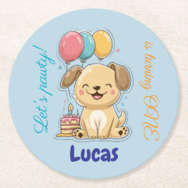 Happy Puppy, Boy, Let's Pawty, 1st Birthday  Underlägg Papper Rund