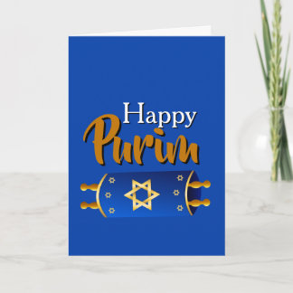 Happy Purim Greeting Card - Blue Gold Torah Scroll Kort
