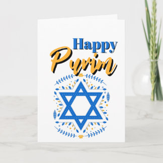 Happy Purim Greeting Card - White Blue Yellow Star Kort