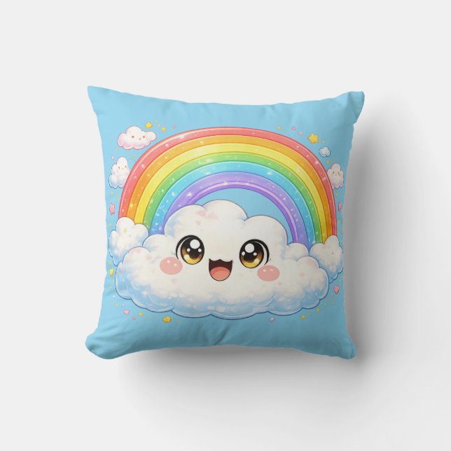 Happy Rainbow & Cloud Kawaii Cushion Pillow Kudde (Framsida)