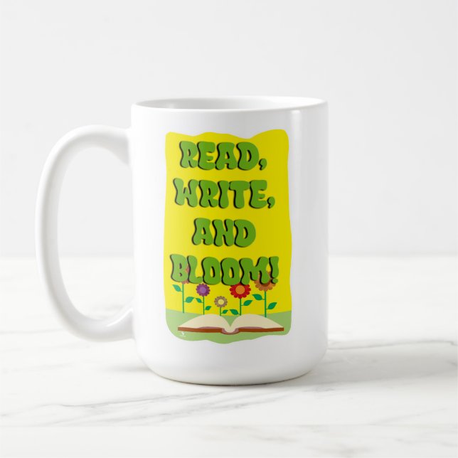 Happy Read Write Bloom Bookworm Motto Kaffemugg (Vänster)