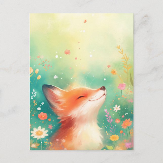 Happy Red Fox in Ethereal Spring Meadow Vykort (Framsida)