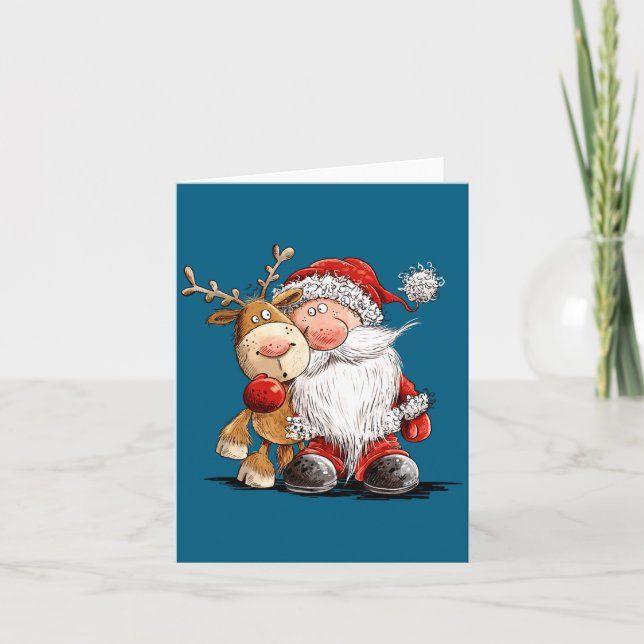 Happy Reindeer And Santa Christmas Illustration Pr Kort (Framsida)