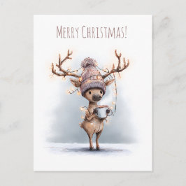 Happy reindeer holds hot mug, Christmas Vykort
