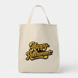 Happy Retirement  Tygkasse<br><div class="desc">This cheerful beige canvas tote bag features a bold “Happy Retirement” message printed in a lively yellow-and-black stylized font. The design sits centered on the bag, creating a bright, celebratory focal point that instantly sets a festive tone. Its clean, modern lettering makes it a fun and thoughtful gift for anyone...</div>