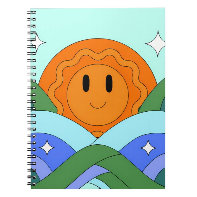 Happy Retro Sun Over Rolling Hills Anteckningsbok (Framsidan)