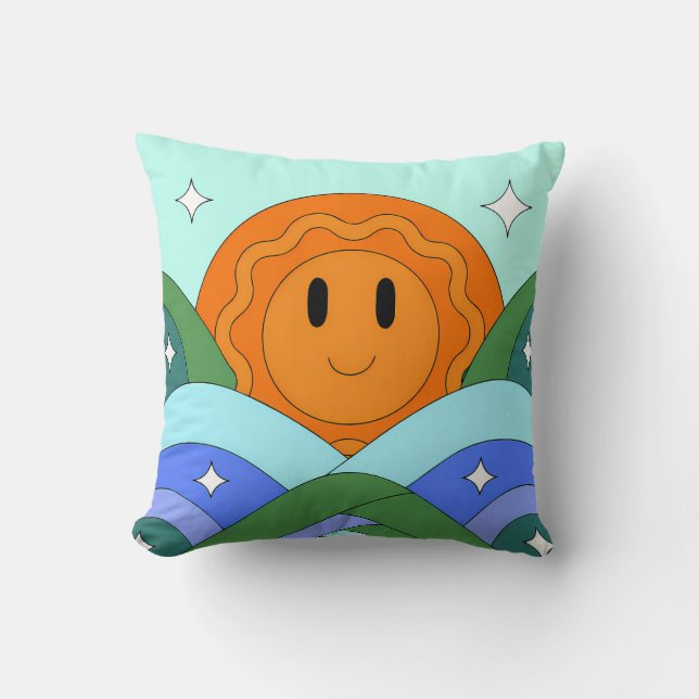 Happy Retro Sun Over Rolling Hills Kudde (Framsida)