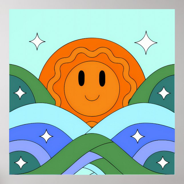 Happy Retro Sun Over Rolling Hills Poster (Framsidan)