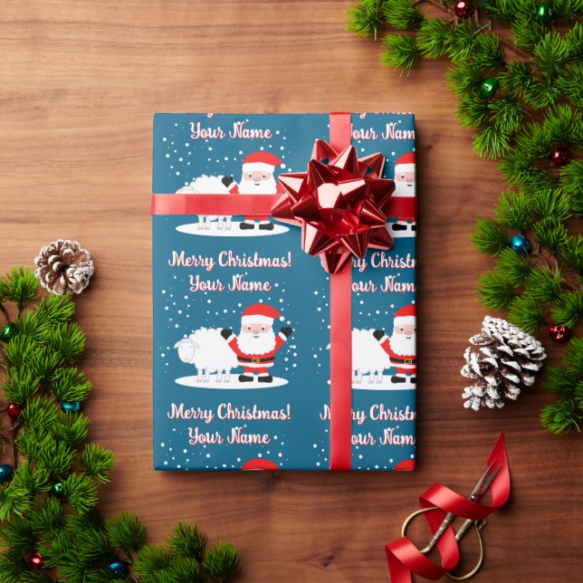Happy Santa Claus cartoon with sheep Christmas Presentpapper (Julgåva)