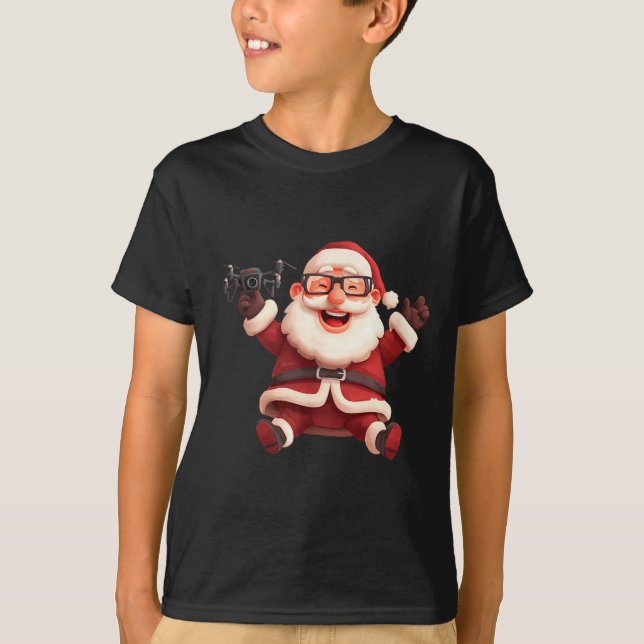 Happy Santa Claus With Drone For Lots And Drones L T Shirt (Framsida)
