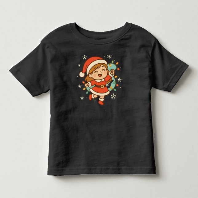 Happy Santa Girl with Christmas Lights T Shirt (Framsida)