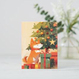 Happy Shiba Inu beside Christmas Tree and Gifts Helg Vykort