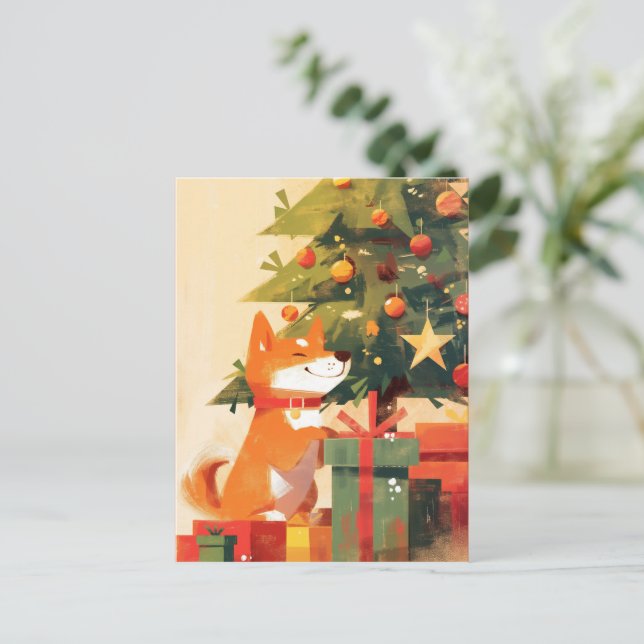 Happy Shiba Inu beside Christmas Tree and Gifts Helg Vykort (Stående Fram)