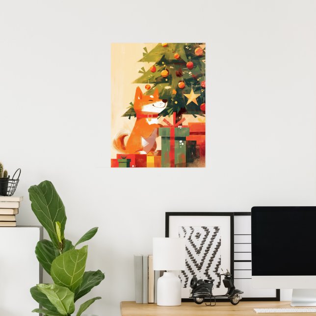 Happy Shiba Inu beside Christmas Tree and Gifts Poster (Hemmakontoret)