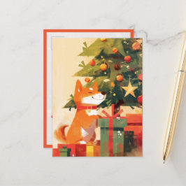 Happy Shiba Inu beside Christmas Tree and Gifts Vykort