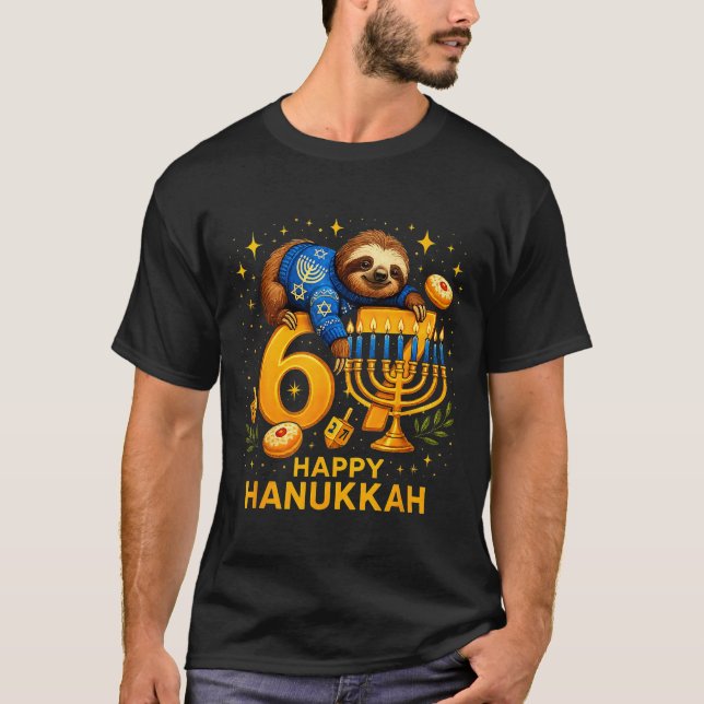 Happy Six Seven Hanukkah Funny Meme Menorah Sloth  T Shirt (Framsida)