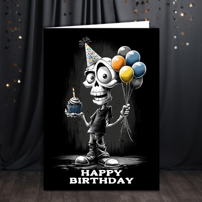 Happy Skeleton Wearing a Party Hat Birthday Kort (Skapare uppladdad)