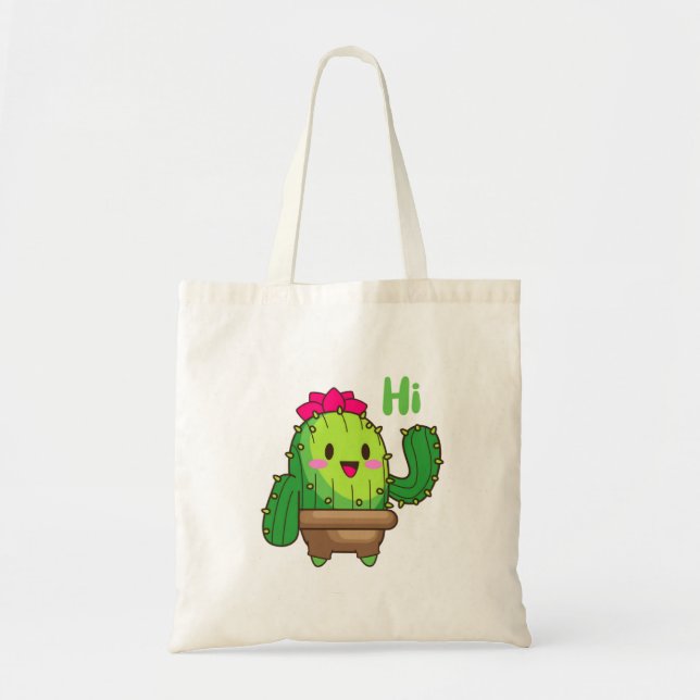Happy Smiling Cactus Kawai Tote Bag Tygkasse (Framsidan)