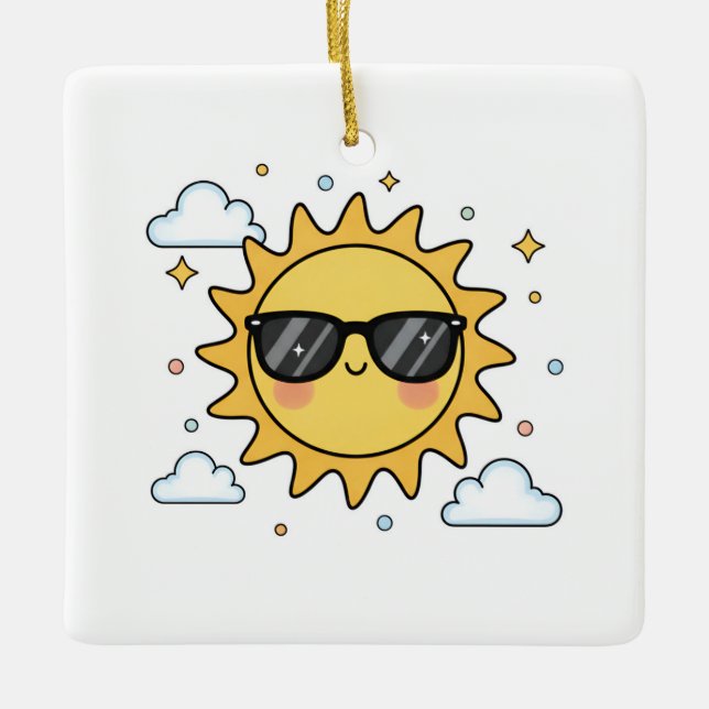 Happy Smiling Sun Cartoon - Minimalist Kawaii Suns Julgransprydnad Keramik (Framsida)