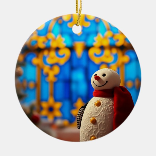 Happy Snowman Christmas – Blue Faux Stained Glass Julgransprydnad Keramik (Framsidan)