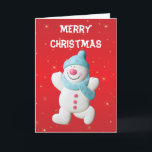 Happy Snowman Christmas Holiday Greeting Card Helgkort<br><div class="desc">Happy jolly snowman on beautiful red background,  custom merry christmas greeting card.  see matching stamps.  great card for kids</div>