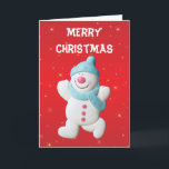 Happy Snowman Christmas Holiday Greeting Card Helgkort<br><div class="desc">Happy jolly snowman on beautiful red background,  custom merry christmas greeting card.  see matching stamps.  great card for kids</div>