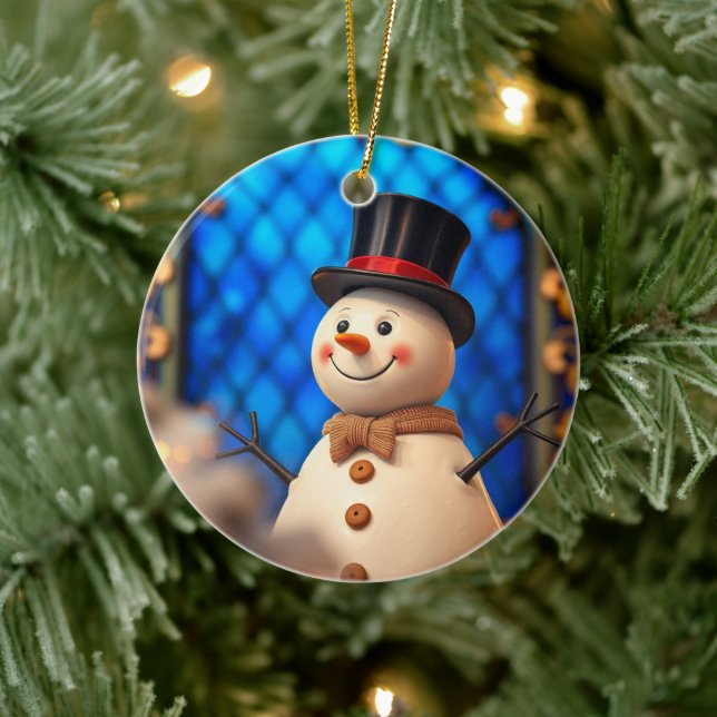 Happy Snowman Christmas Ornament Blue Faux Stained (Träd)