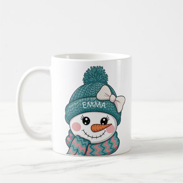 Happy Snowman Face Name Christmas bow Kaffemugg (Vänster)