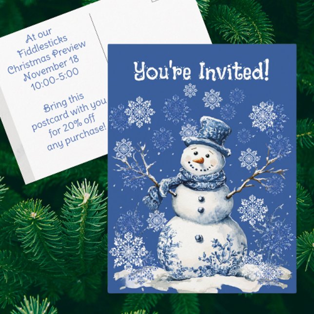 Happy Snowman Snowflakes Blue White Business Vykort (Personalized Business Post card. Bring customers to your store!)