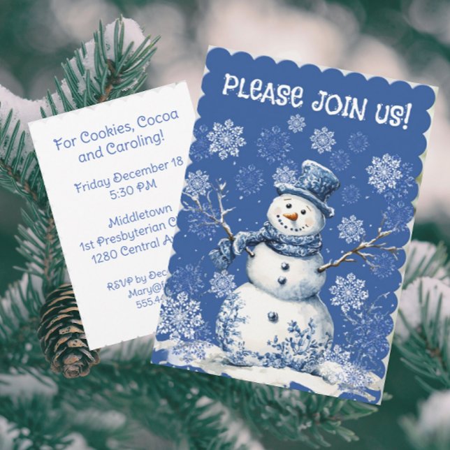 Happy Snowman Snowflakes Blue White Chinoiserie  Inbjudningar (Customize this invitation with your own information!)