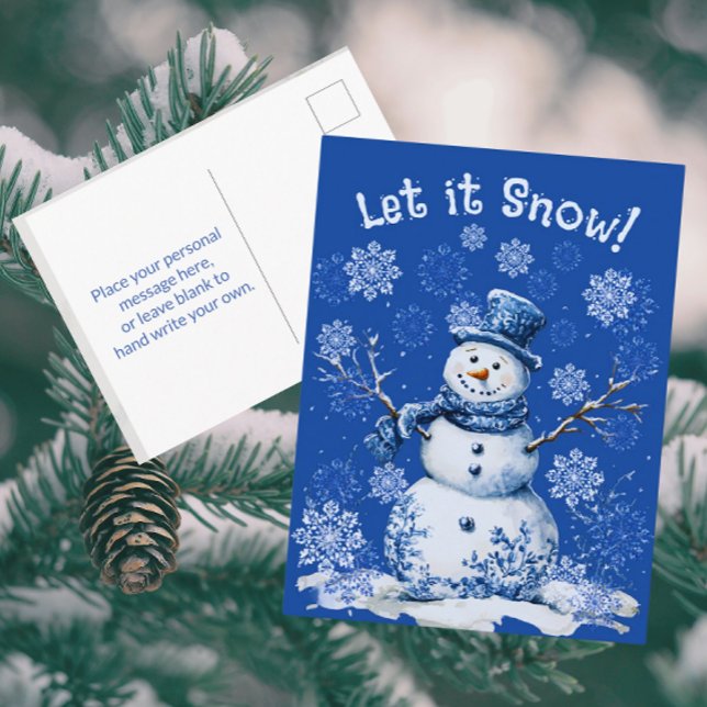 Happy Snowman Snowflakes Blue White Holiday  Vykort (Thrifty personalized postcards!)