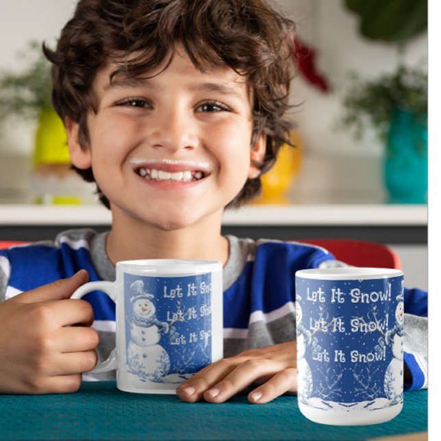 Happy Snowman Snowflakes Blue White Let It Snow Kaffemugg (Let it snow!)