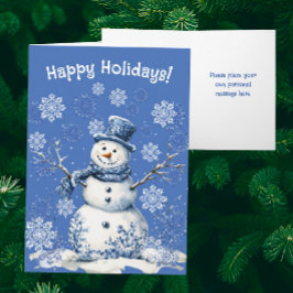 Happy Snowman Snowflakes Blue White Personalized Helgkort