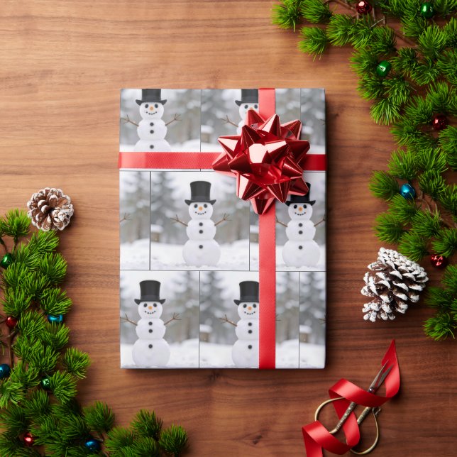 Happy Snowman Wearing a Top Hat Presentpapper (Julgåva)