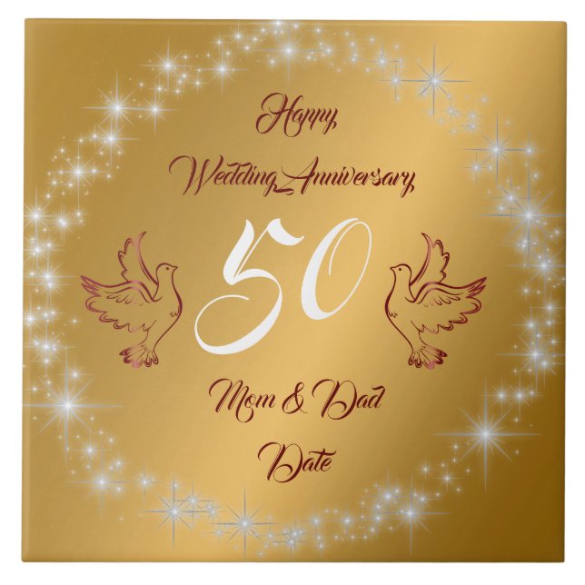 Happy Sparkly Customize Gold 50th Anniversary Kakelplatta (Framsidan)