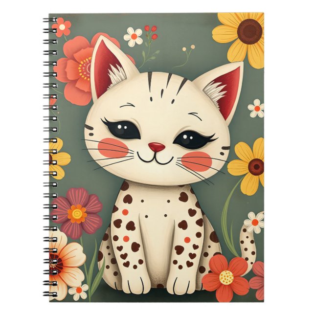 Happy Spotted Kitty with Flowers Anteckningsbok (Framsidan)