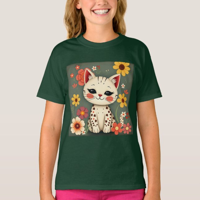 Happy Spotted Kitty with Flowers T Shirt (Framsida)