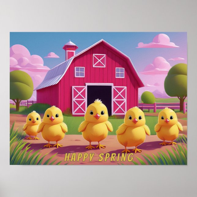 Happy Spring Chicks in Barnyard Poster (Framsidan)
