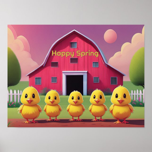 Happy Spring Chicks in Barnyard Poster (Framsidan)